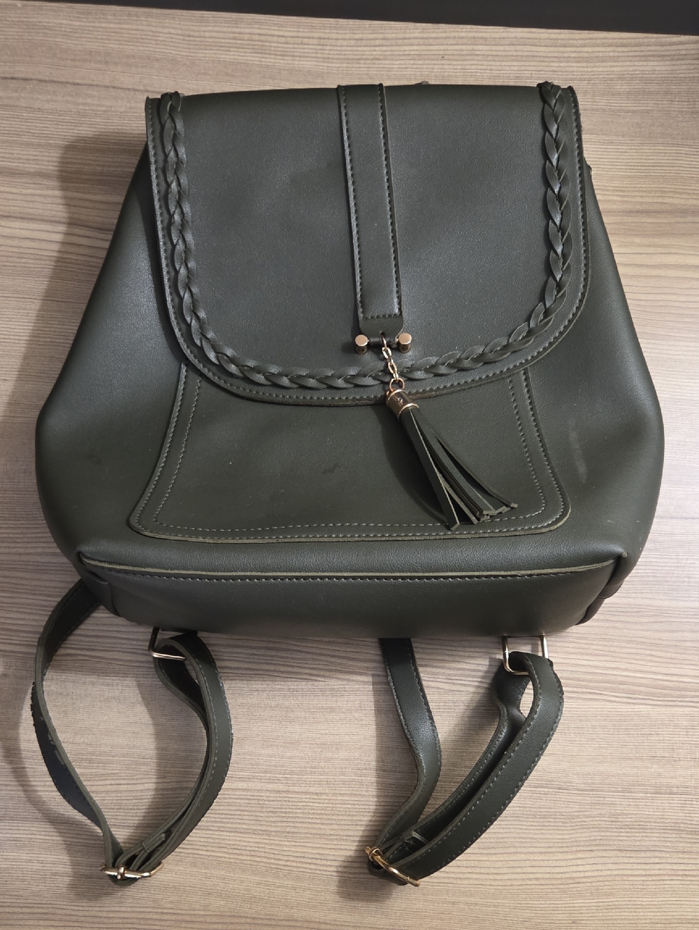 Imoshion Dark Olive Green Faux Leather Backpack with Tassel